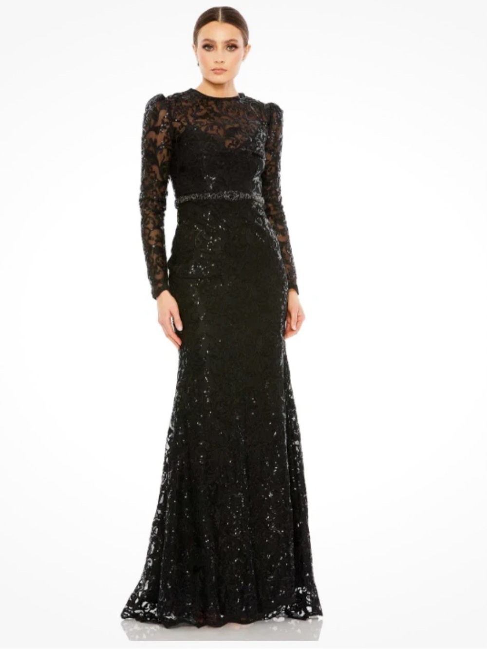 Mac Duggal Black Long Sleeve Lace Sequin Evening Gown